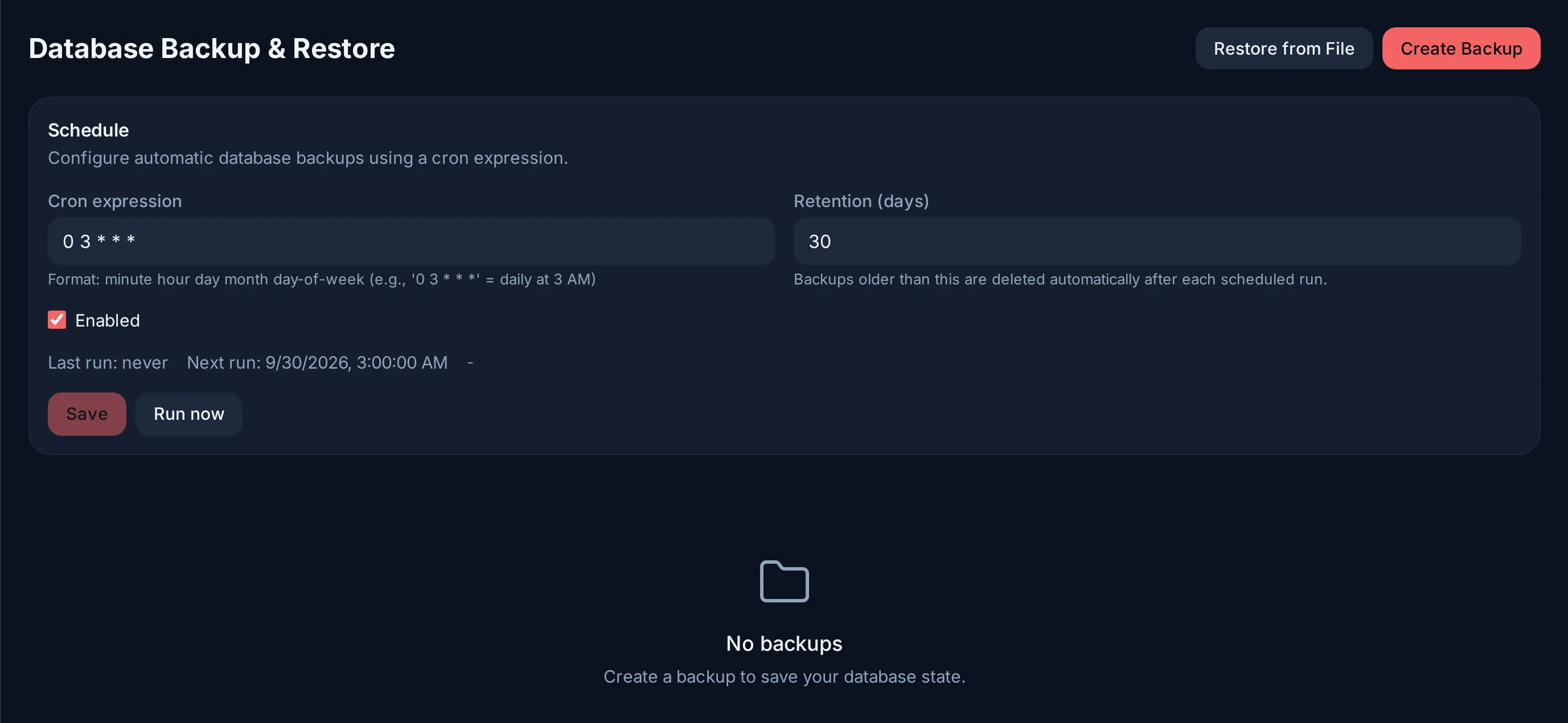 Admin → Database Backup with a daily schedule