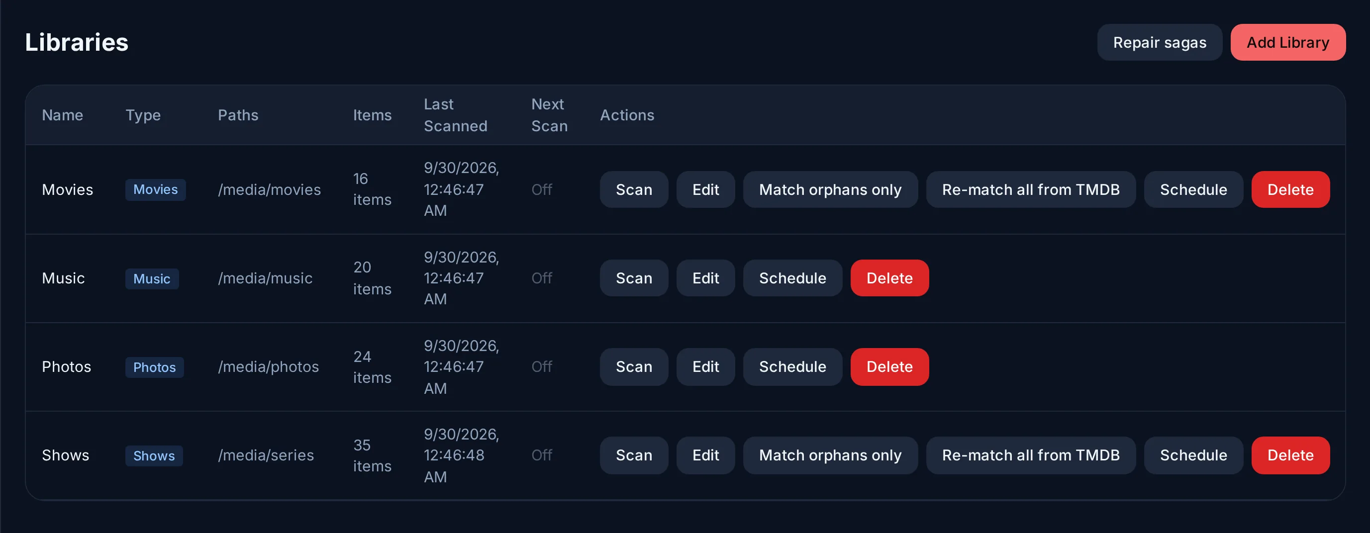 Admin → Libraries on the demo server