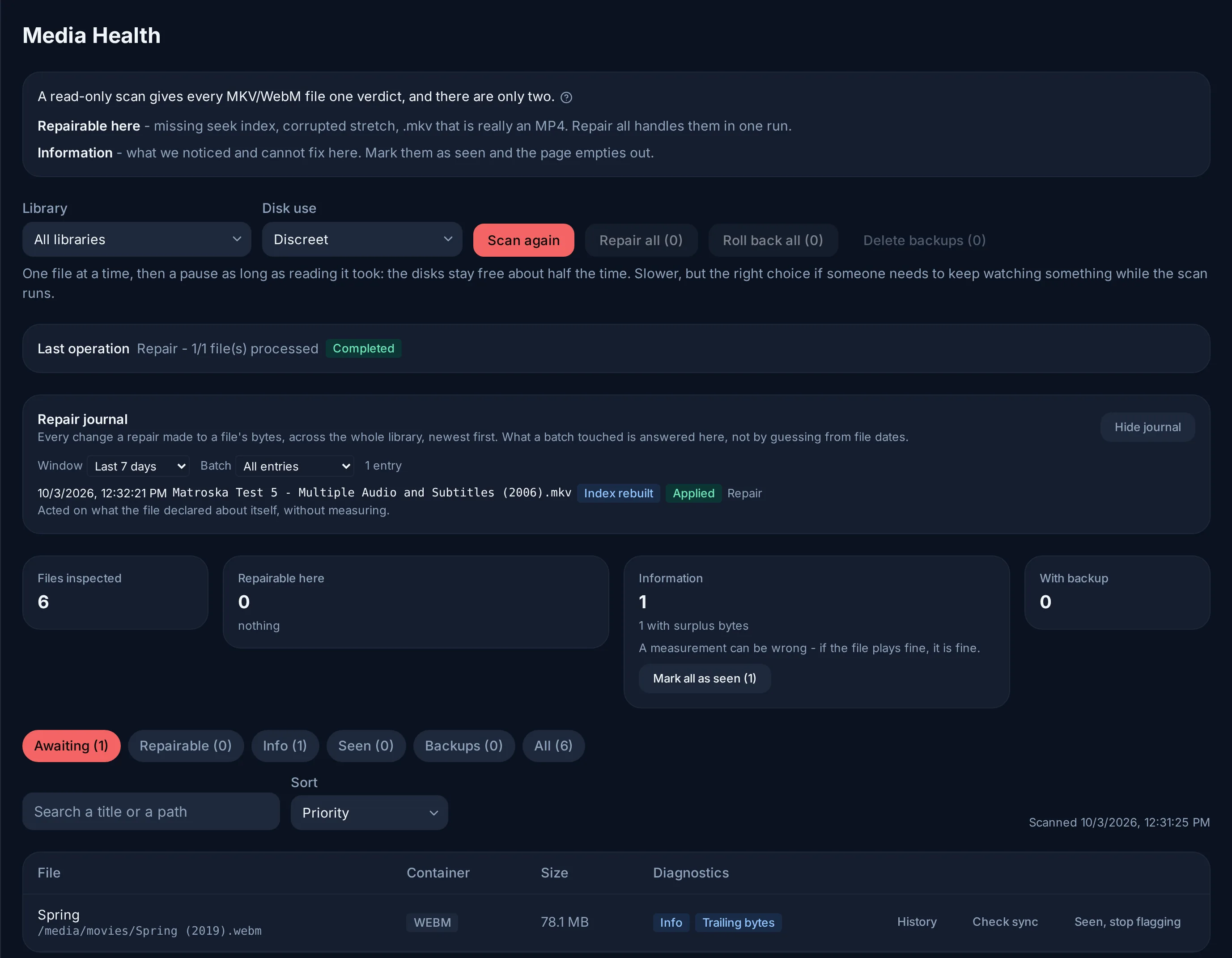 Admin → Media Health after Repair all, with the repair journal open