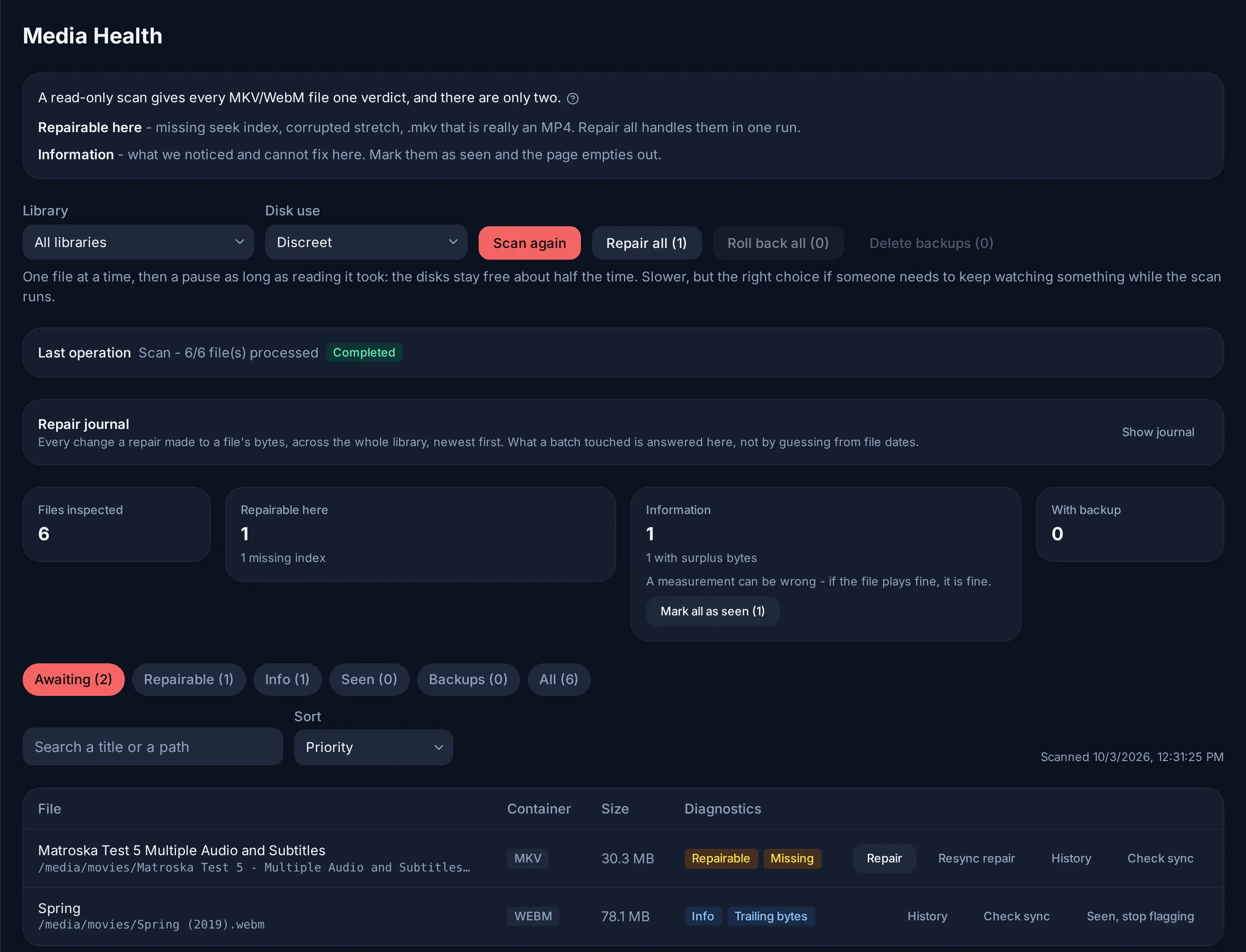 Admin → Media Health after a scan: one file to repair, one remark