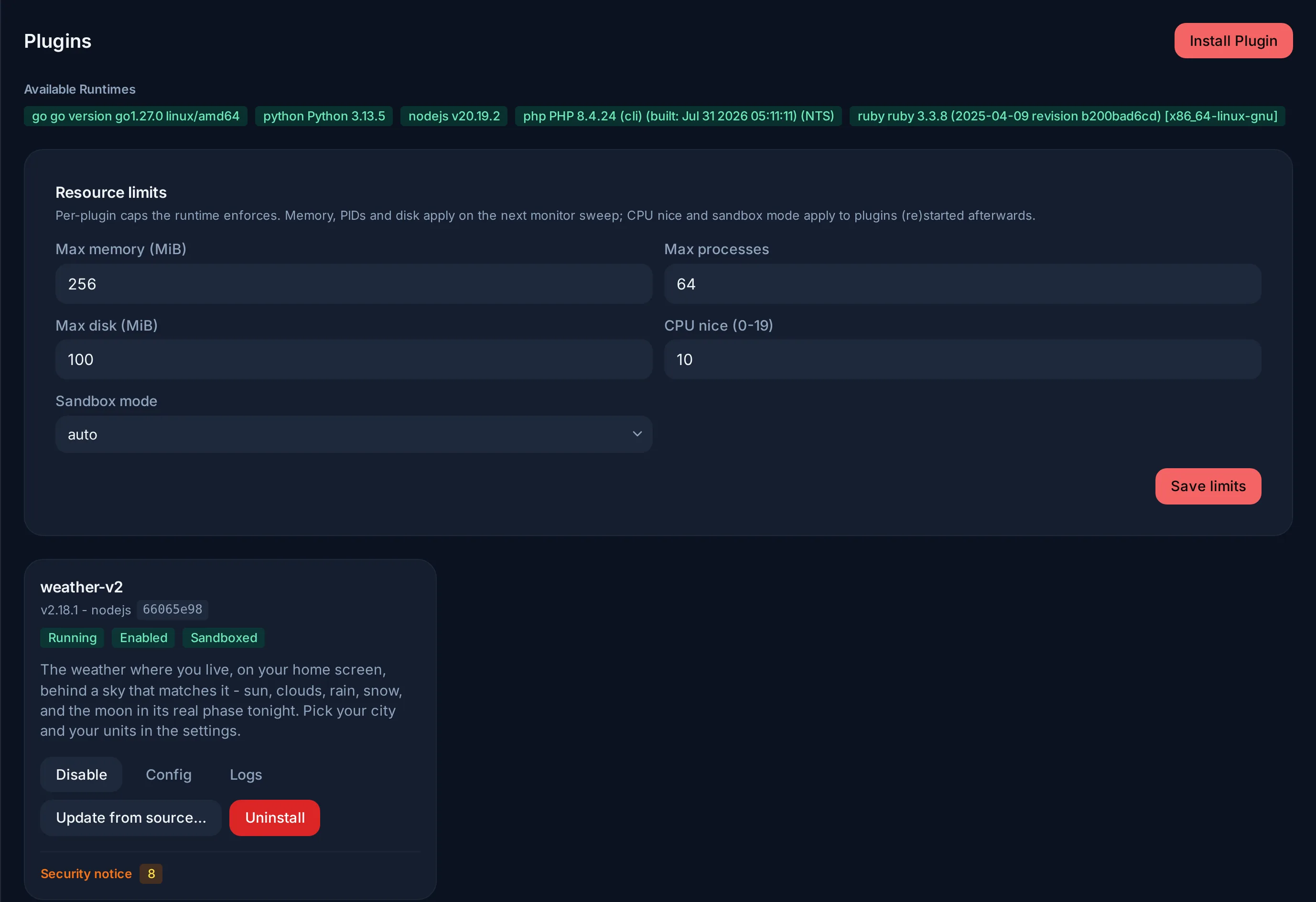 Admin → Plugins on the demo server