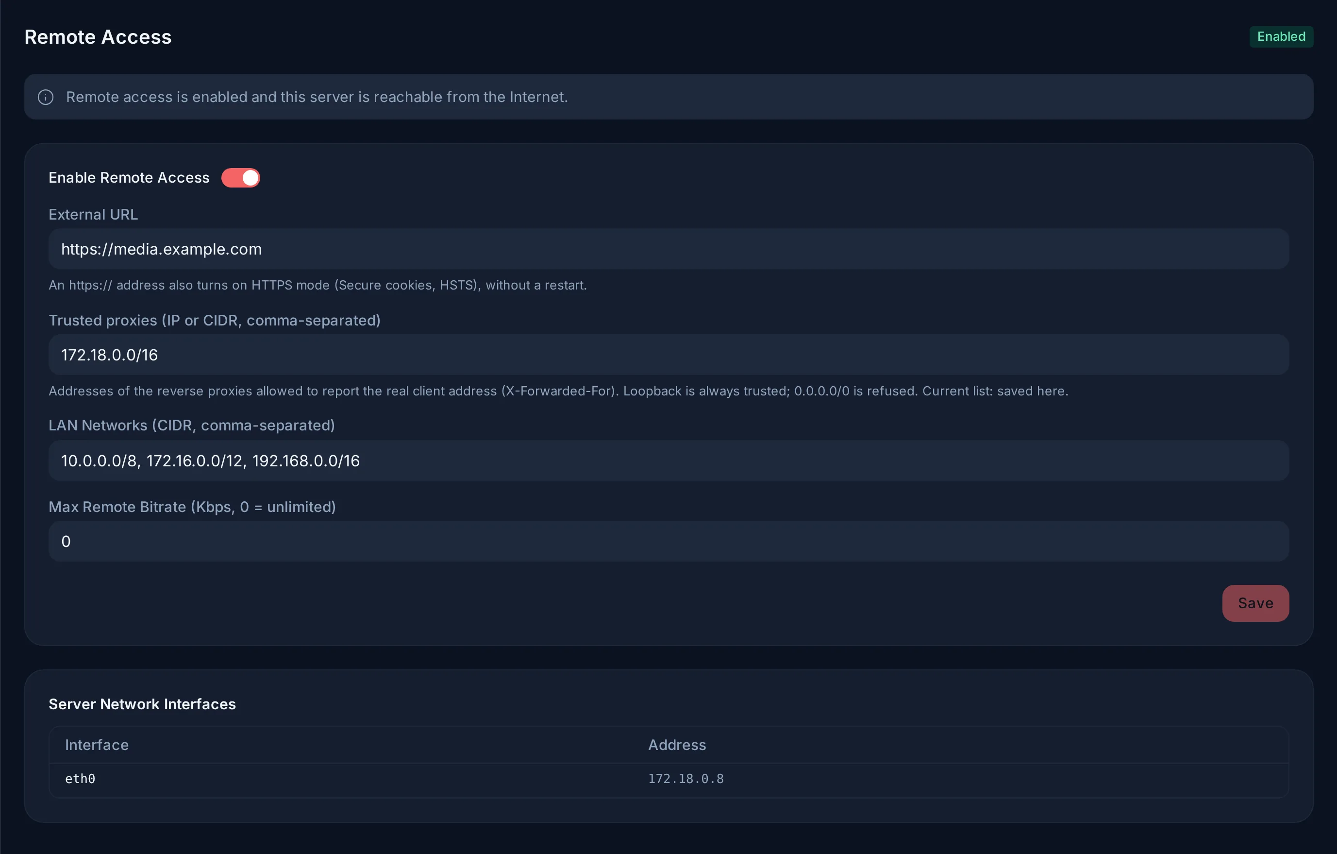 Admin → Remote Access with an HTTPS External URL and a trusted proxy