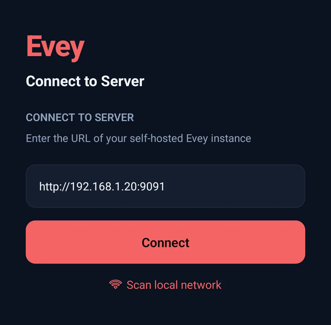 The Android app asking for the server address