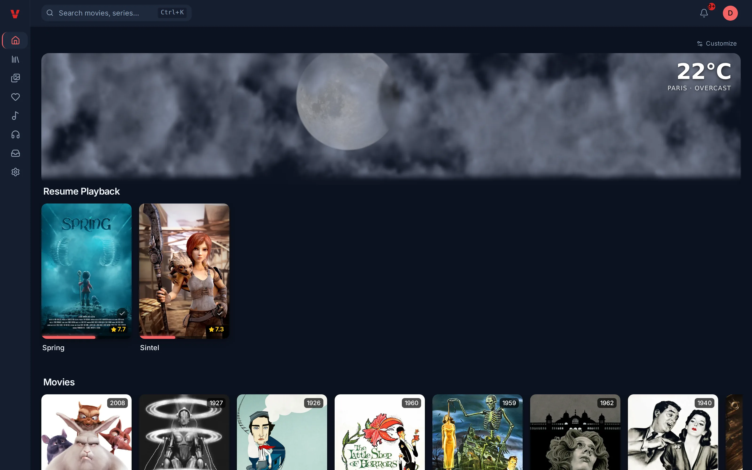 The home page with the weather plugin