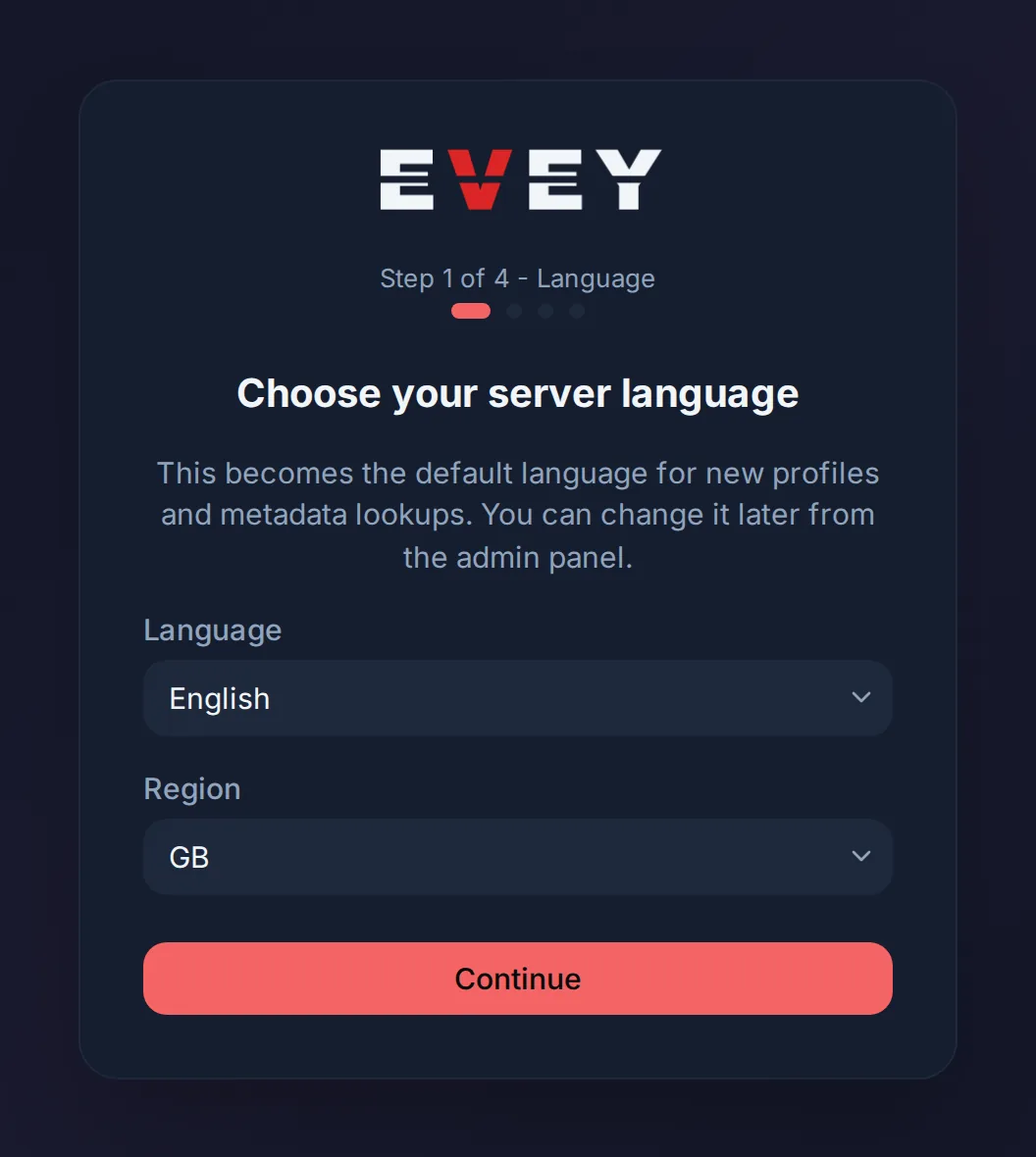 Step 1 of the wizard: language and region