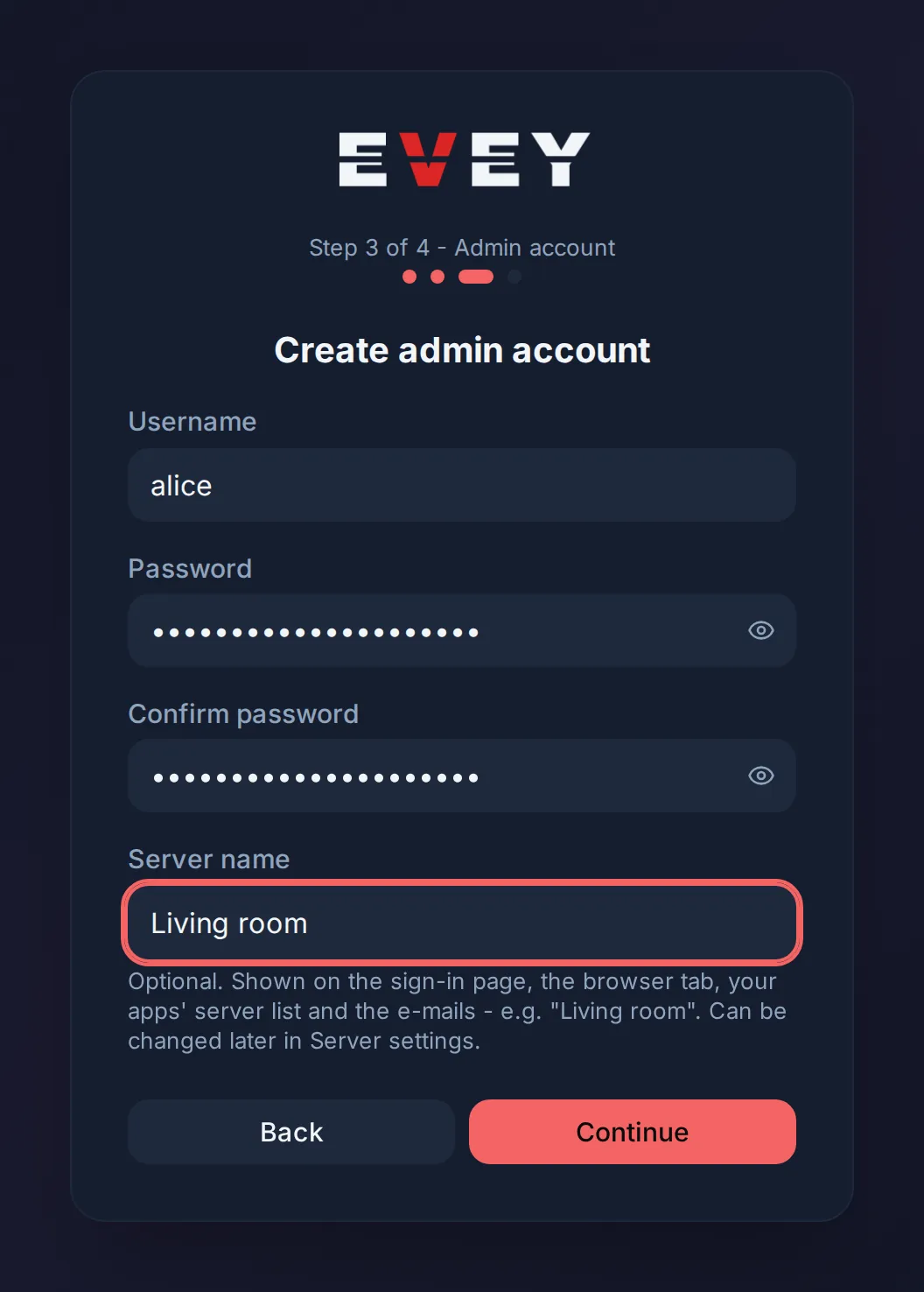 Step 3 of the wizard: the administrator account